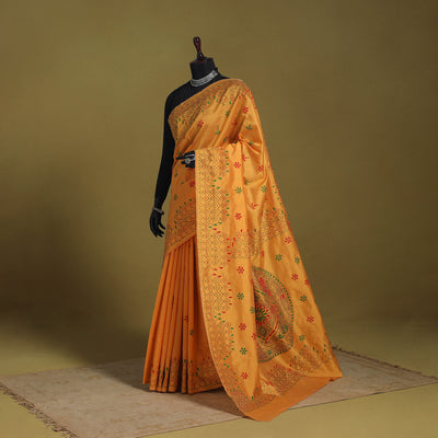 Orange - Bengal Hand Embroidery Silk Nakshi Kantha Saree 03