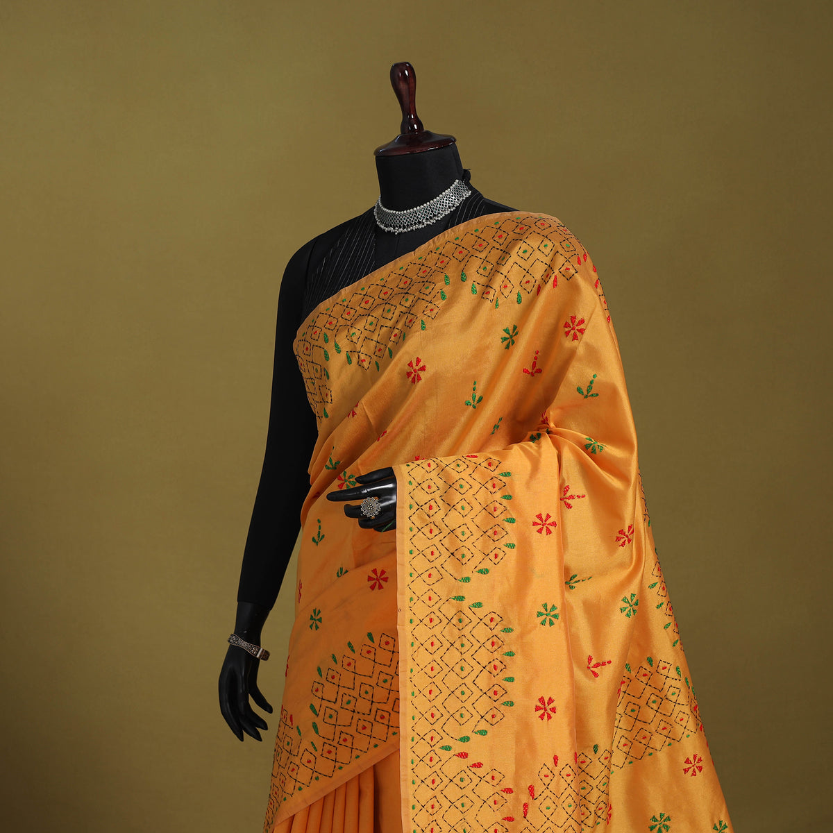 Orange - Bengal Hand Embroidery Silk Nakshi Kantha Saree 03
