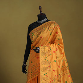 Orange - Bengal Hand Embroidery Silk Nakshi Kantha Saree 03