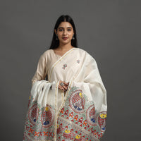 White - Handloom Chanderi Silk Handpainted Madhubani Dupatta 15