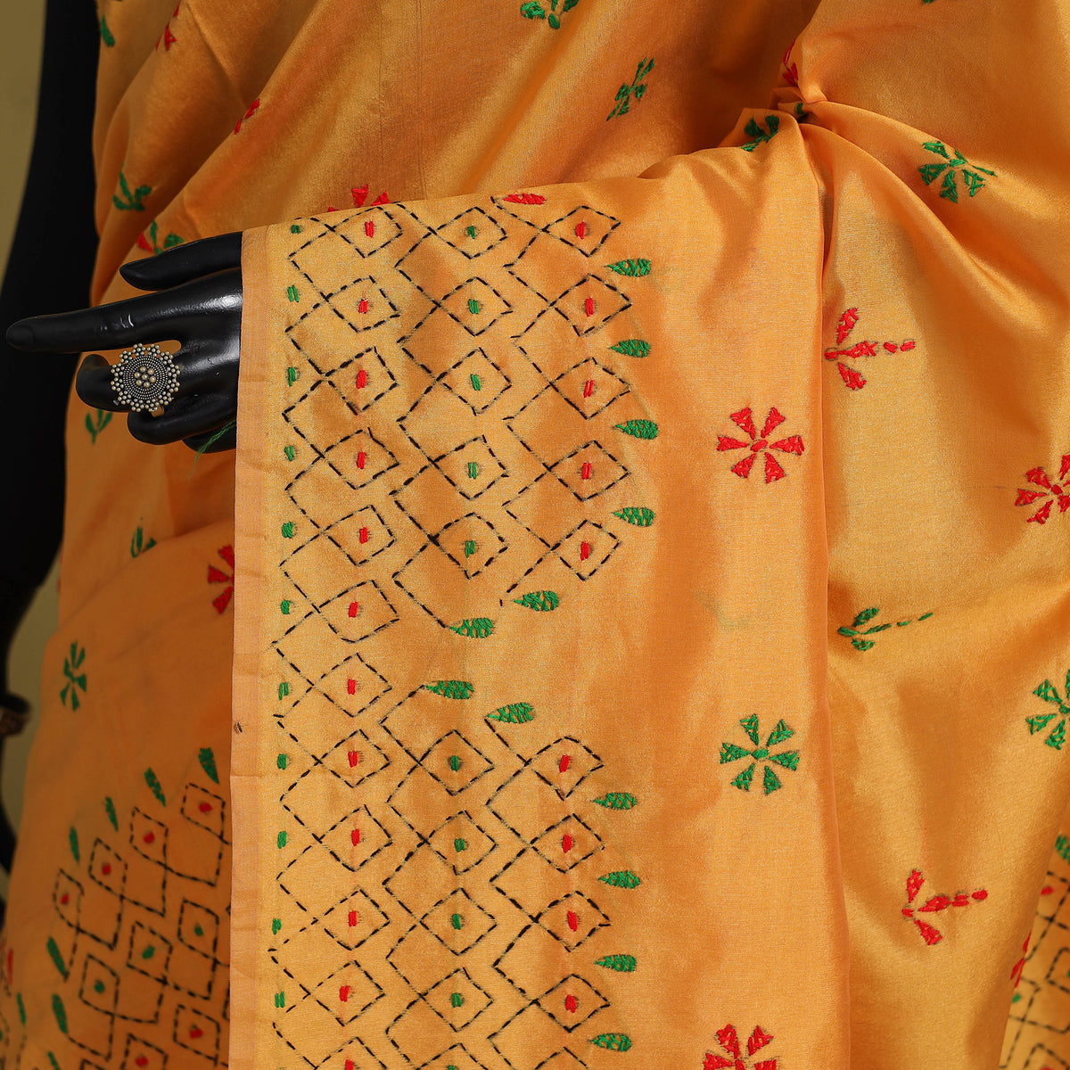 Orange - Bengal Hand Embroidery Silk Nakshi Kantha Saree 03