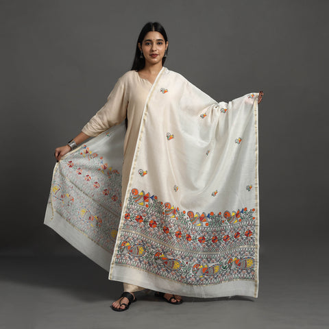 White - Handloom Chanderi Silk Handpainted Madhubani Dupatta 16