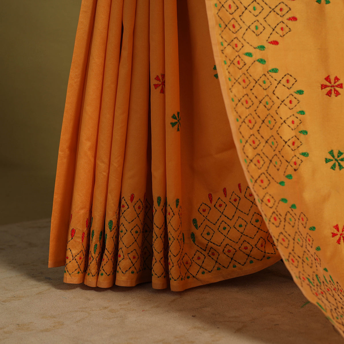 Orange - Bengal Hand Embroidery Silk Nakshi Kantha Saree 03