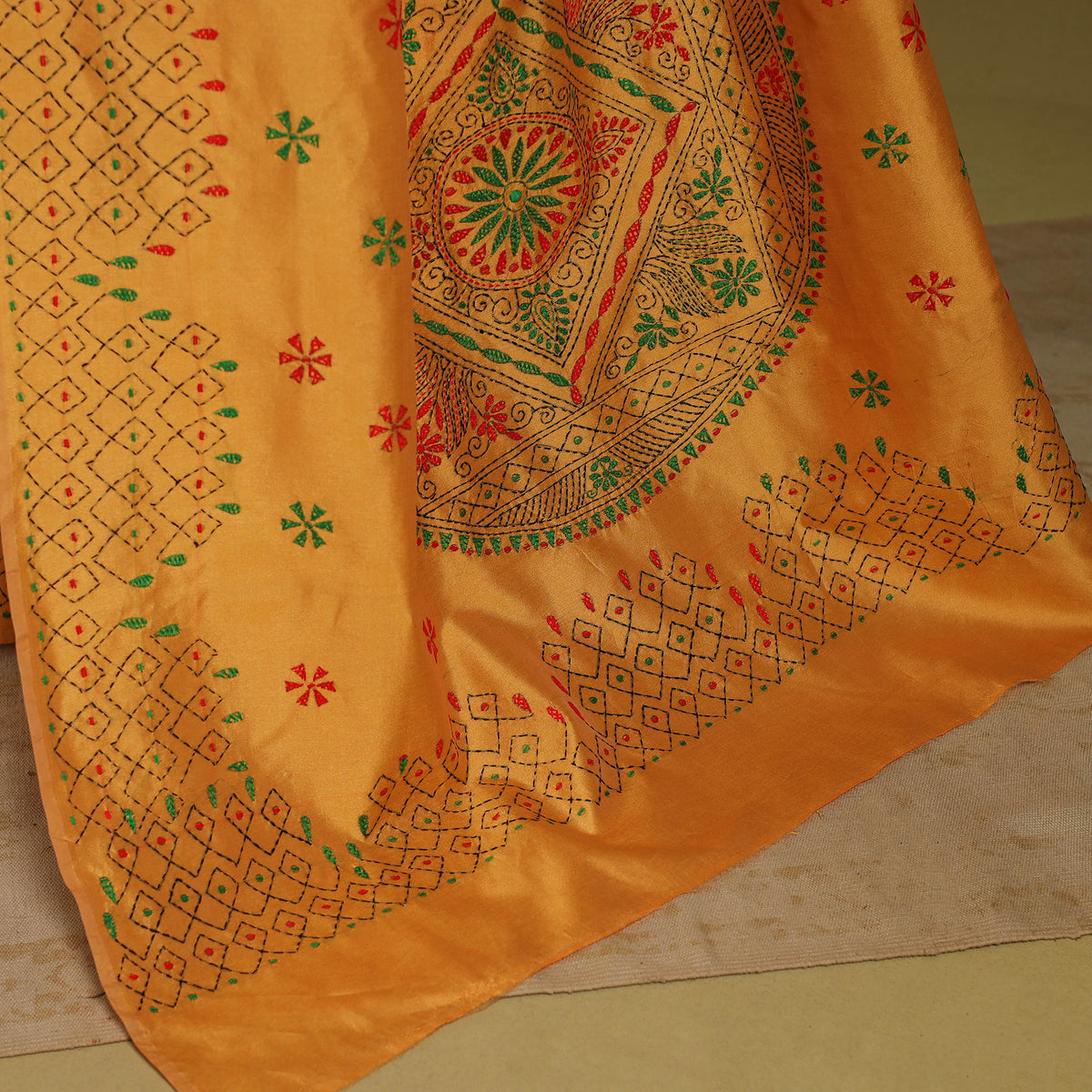 Orange - Bengal Hand Embroidery Silk Nakshi Kantha Saree 03