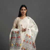 White - Handloom Chanderi Silk Handpainted Madhubani Dupatta 16