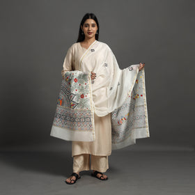White Handloom Chanderi Silk Handpainted Madhubani Dupatta