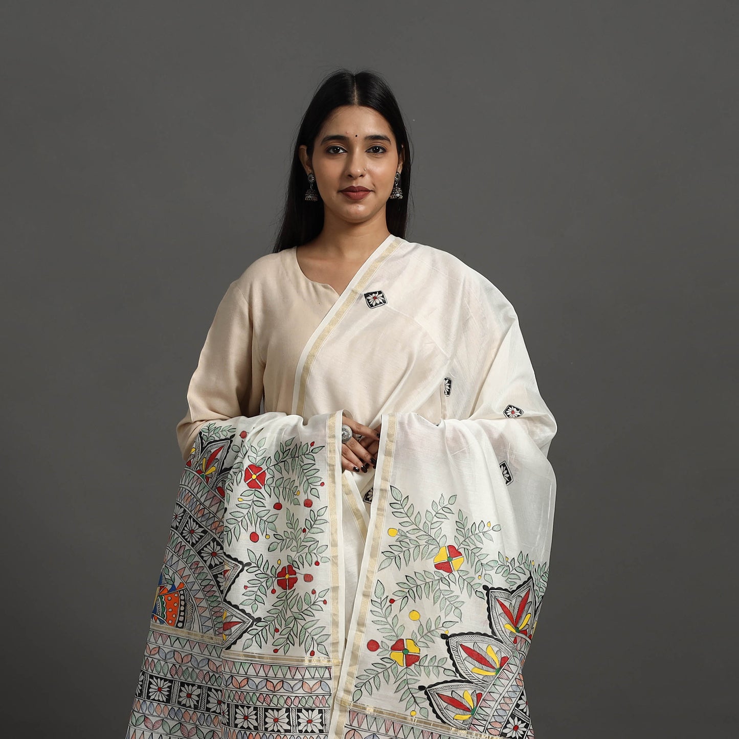 White - Handloom Chanderi Silk Handpainted Madhubani Dupatta 19