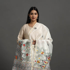 White Handloom Chanderi Silk Handpainted Madhubani Dupatta