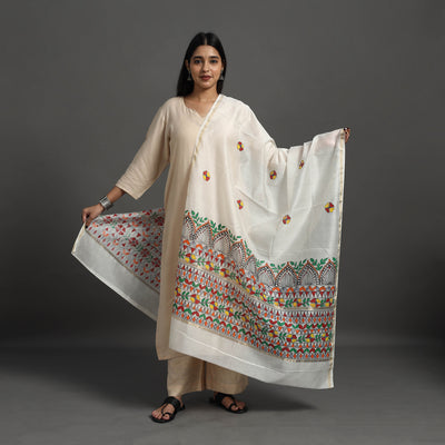 White - Handloom Chanderi Silk Handpainted Madhubani Dupatta 20