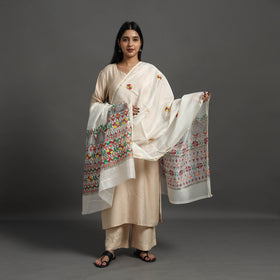 White Handloom Chanderi Silk Handpainted Madhubani Dupatta