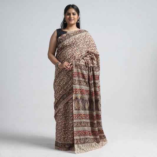 Brown - Pedana Kalamkari Block Printed Cotton Saree