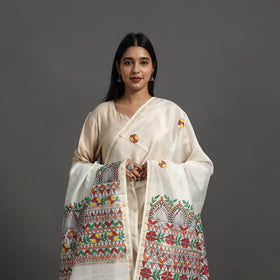 White Handloom Chanderi Silk Handpainted Madhubani Dupatta