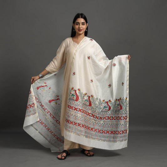 White - Handloom Chanderi Silk Handpainted Madhubani Dupatta 21