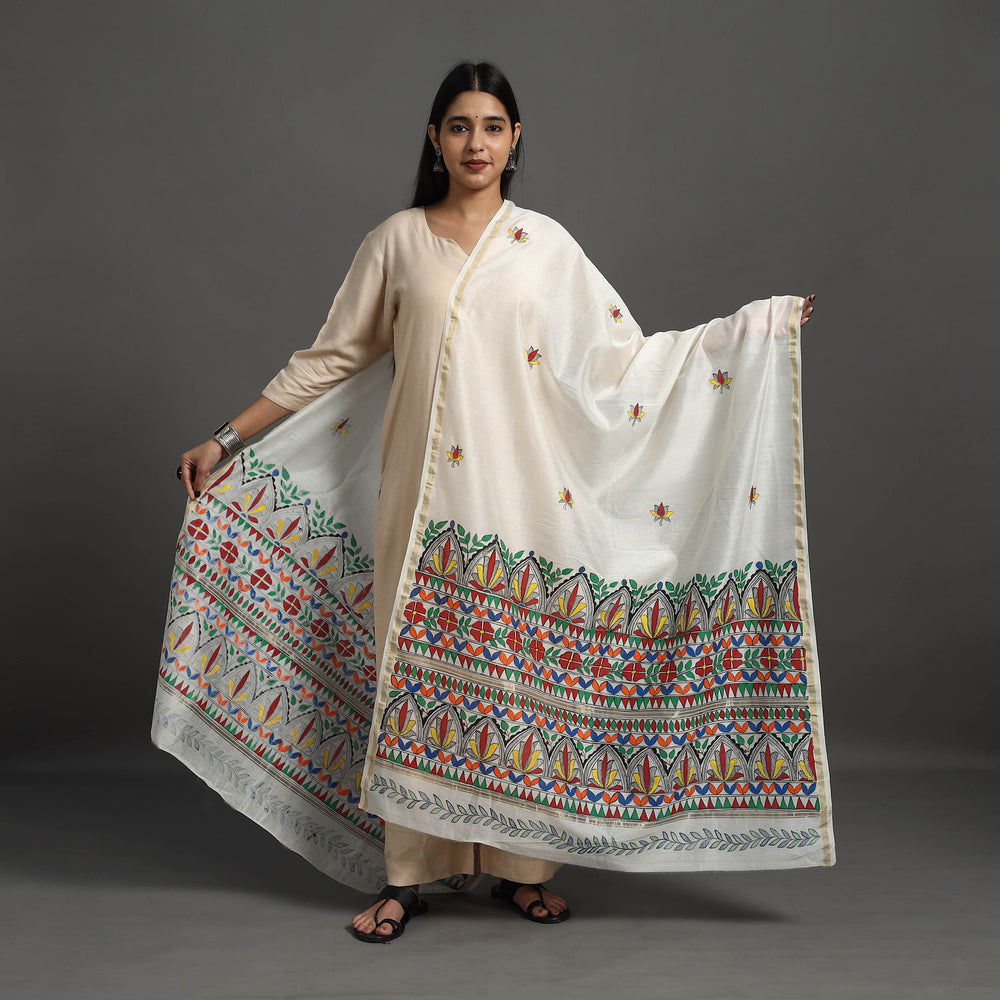 White - Handloom Chanderi Silk Handpainted Madhubani Dupatta 22