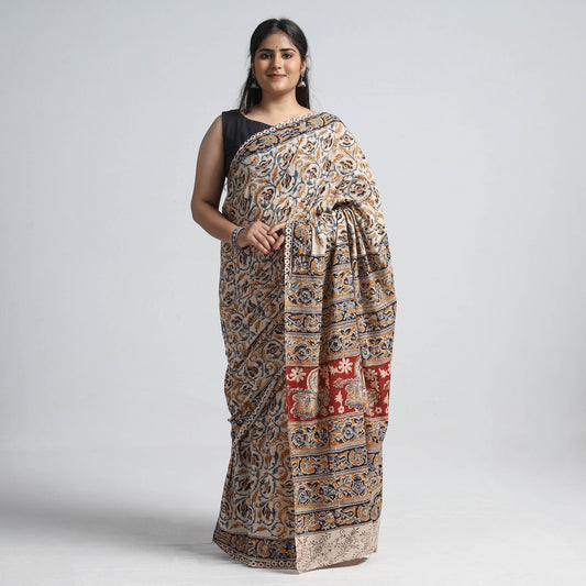 Brown - Pedana Kalamkari Block Printed Cotton Saree