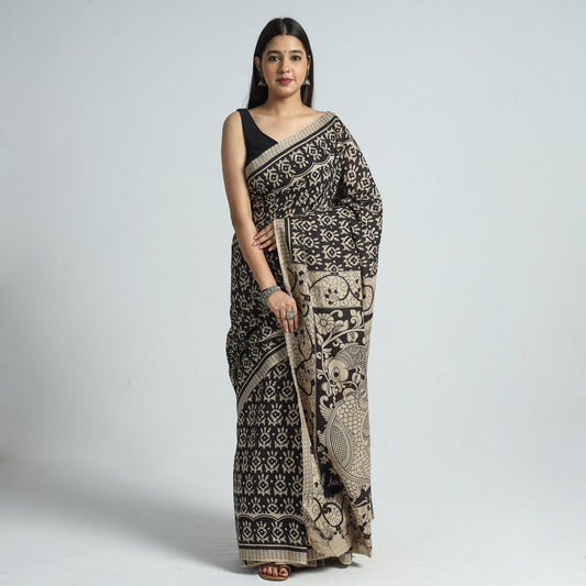 Black - Kalamkari Printed Cotton Saree with Blouse Piece 18