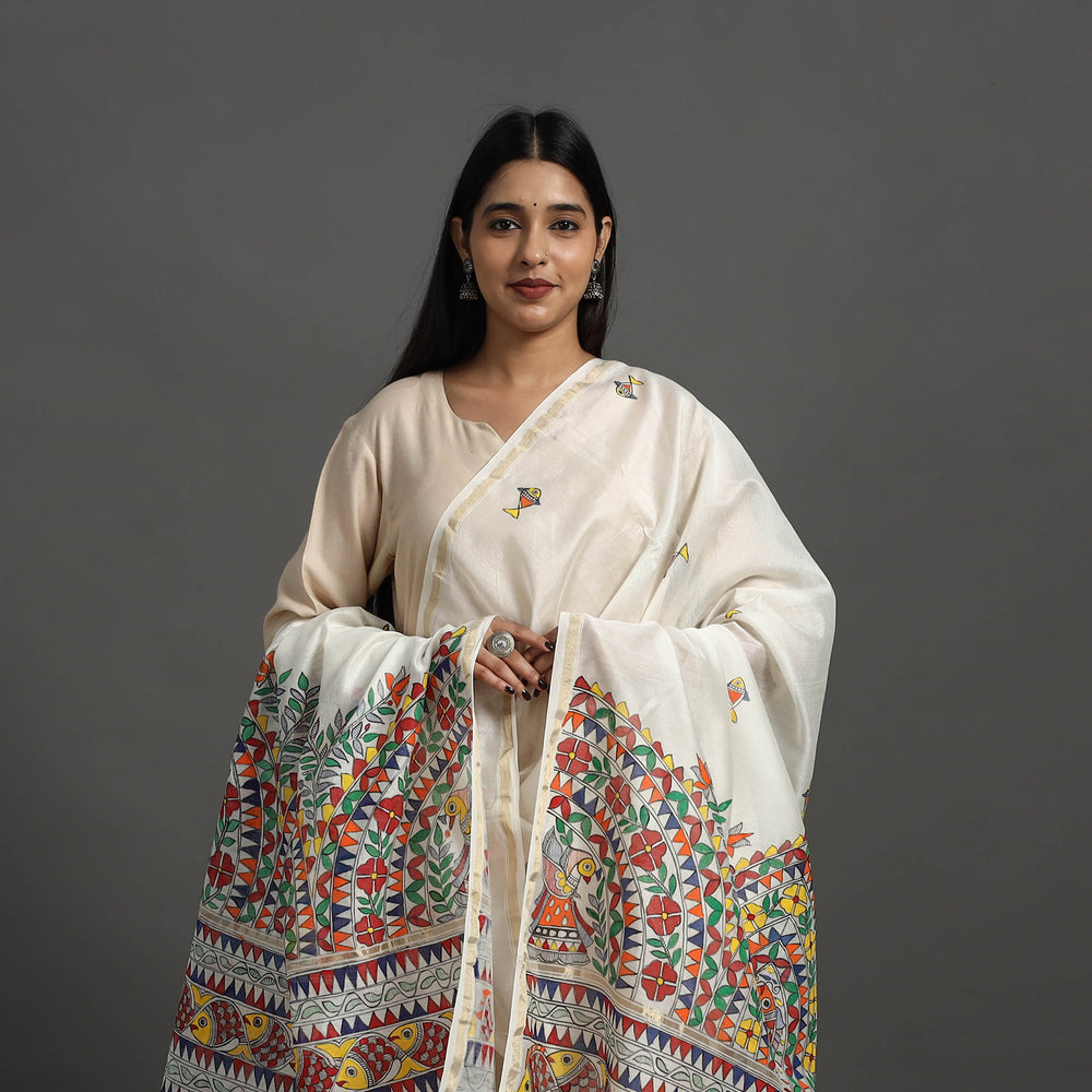 White - Handloom Chanderi Silk Handpainted Madhubani Dupatta 23