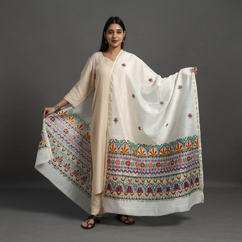 White - Handloom Chanderi Silk Handpainted Madhubani Dupatta 24