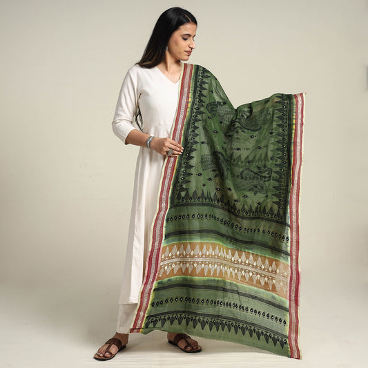 Green - Bengal Kantha Embroidered Cotton Handloom Dupatta