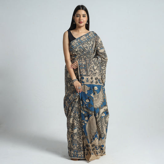 Grey - Kalamkari Printed Cotton Saree with Blouse Piece 19
