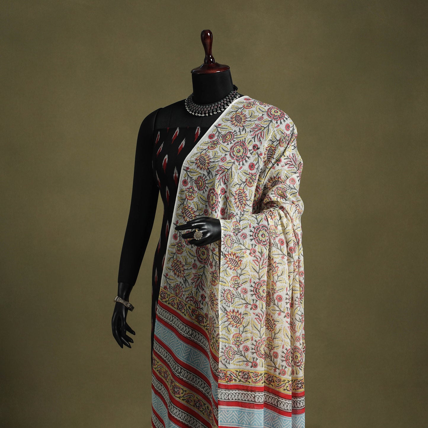 Yellow - hand mul cotton sanganeri dupatta 04 - handcrafted