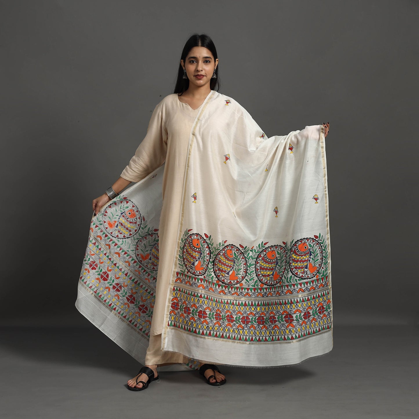 White - Handloom Chanderi Silk Handpainted Madhubani Dupatta 26