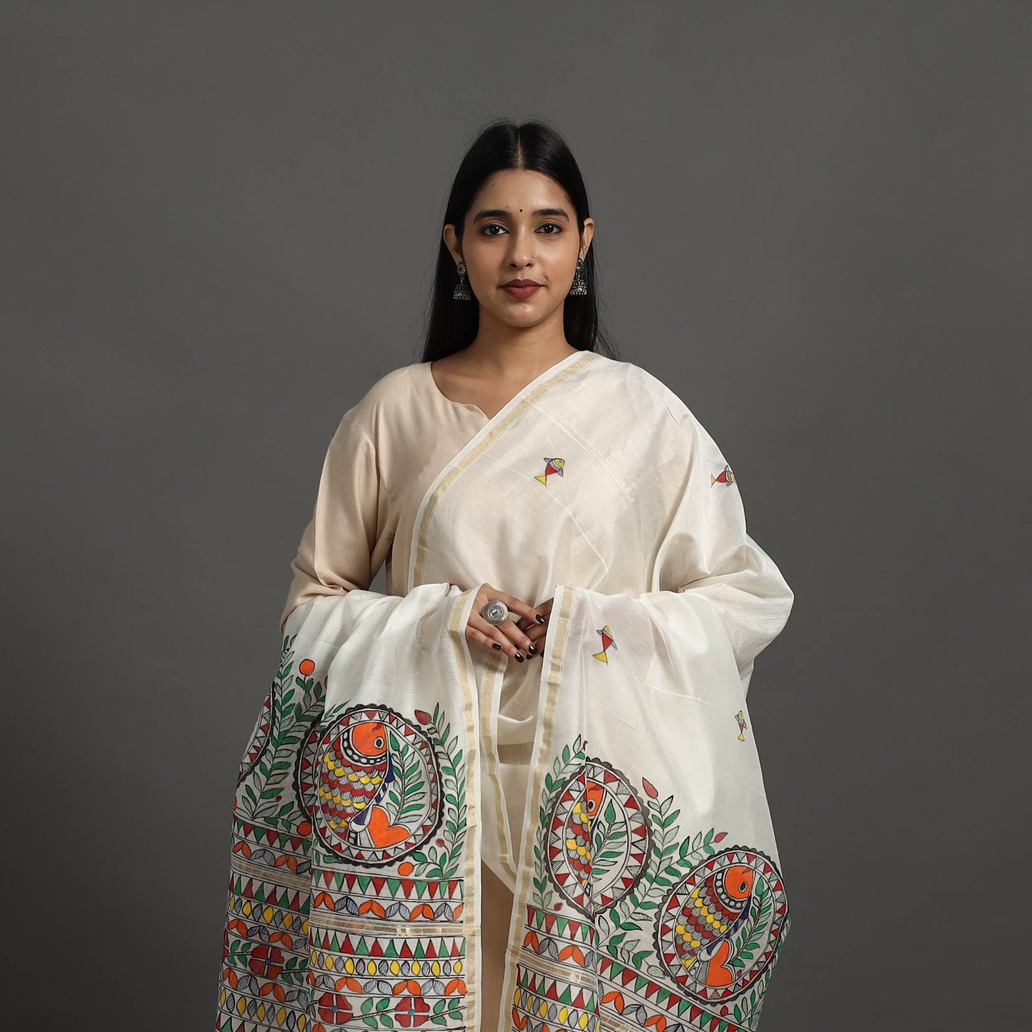 White - Handloom Chanderi Silk Handpainted Madhubani Dupatta 26