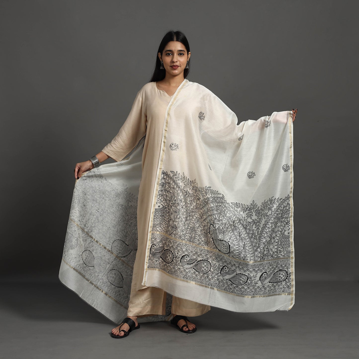 Grey - Handloom Chanderi Silk Handpainted Madhubani Dupatta 27