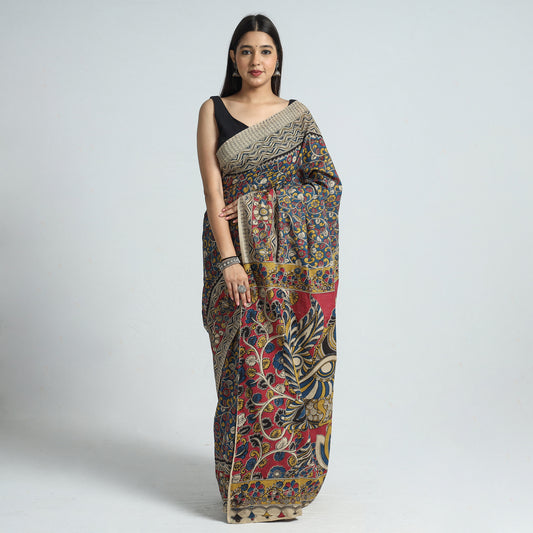 Multicolor - Kalamkari Printed Cotton Saree with Blouse Piece 20