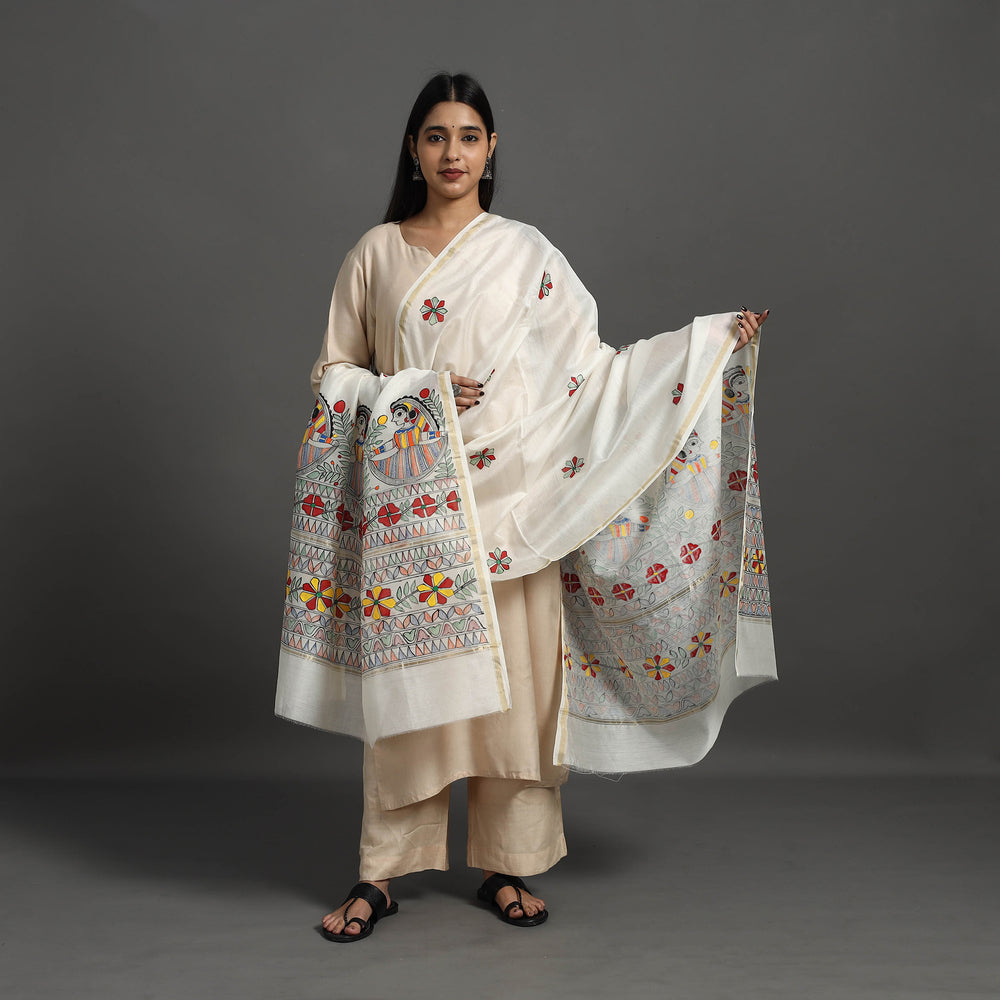 White - Handloom Chanderi Silk Handpainted Madhubani Dupatta 28