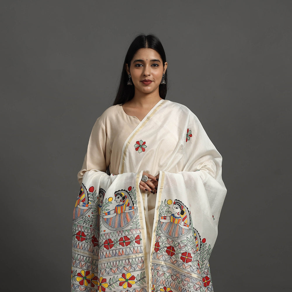 White - Handloom Chanderi Silk Handpainted Madhubani Dupatta 28