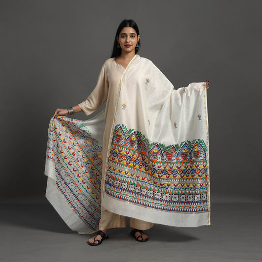 White - Handloom Chanderi Silk Handpainted Madhubani Dupatta 29