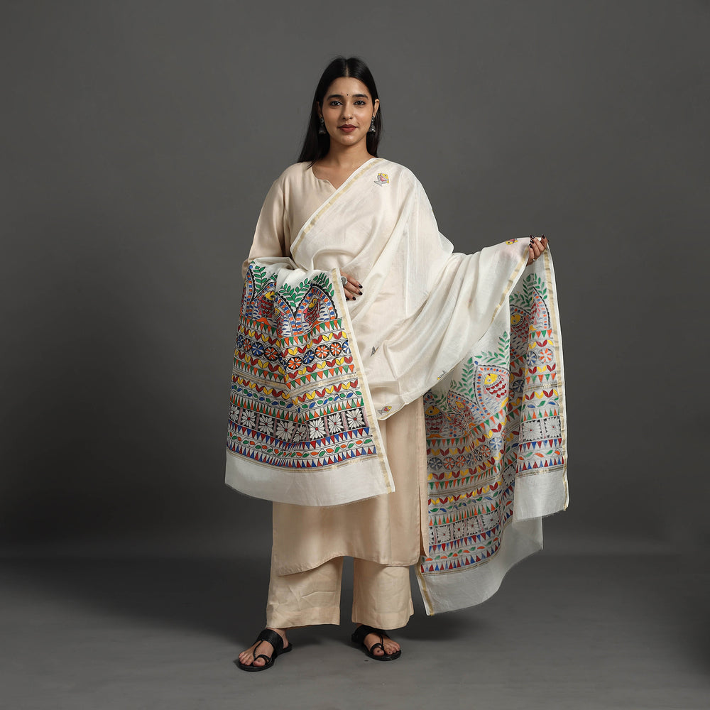 White - Handloom Chanderi Silk Handpainted Madhubani Dupatta 29