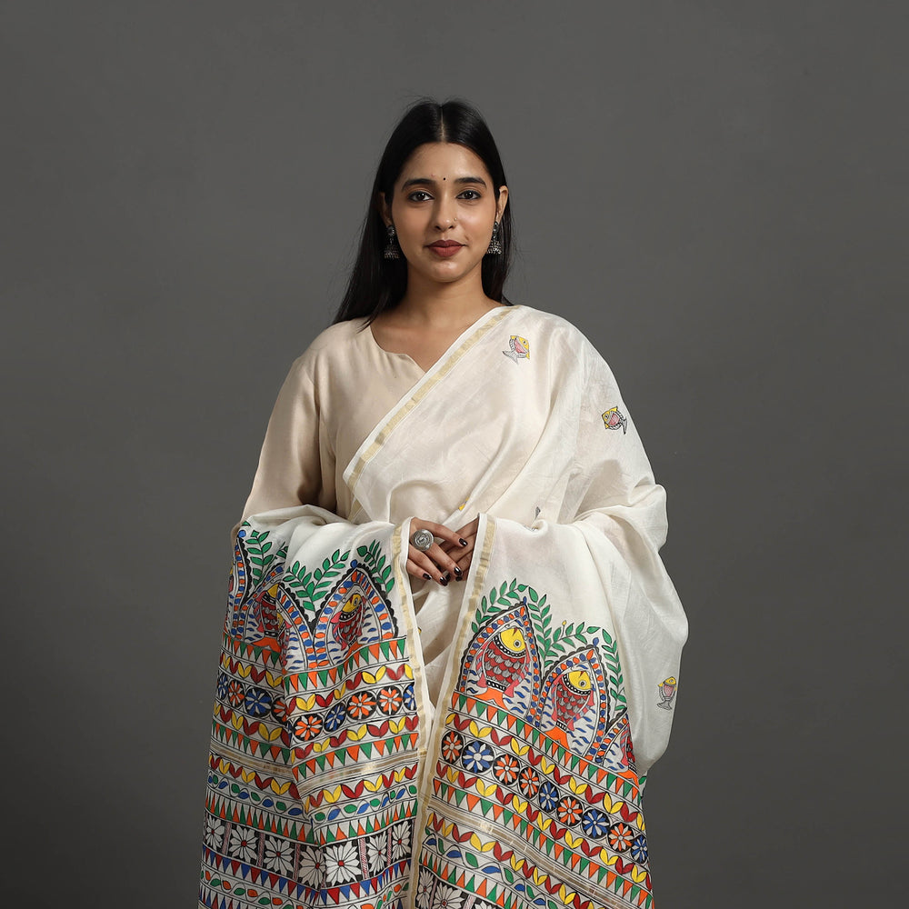 White - Handloom Chanderi Silk Handpainted Madhubani Dupatta 29