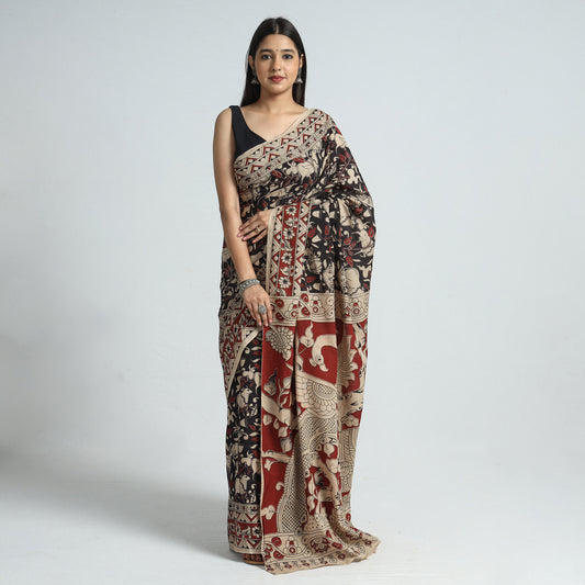 Black - Kalamkari Printed Cotton Saree with Blouse Piece 21