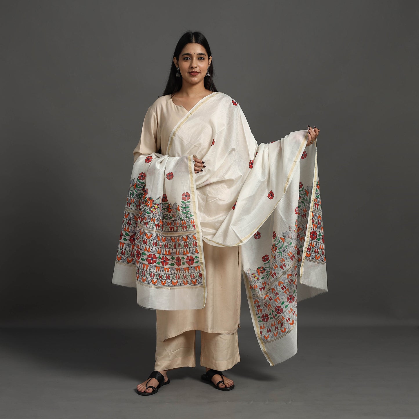 White - Handloom Chanderi Silk Handpainted Madhubani Dupatta 30