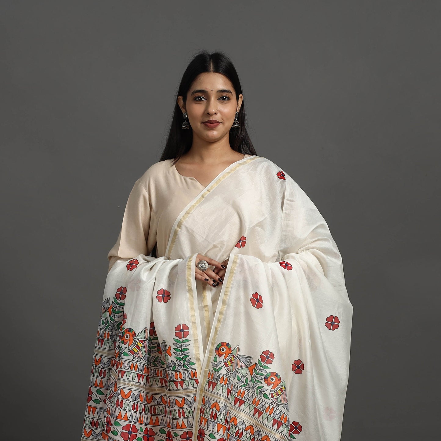 White - Handloom Chanderi Silk Handpainted Madhubani Dupatta 30