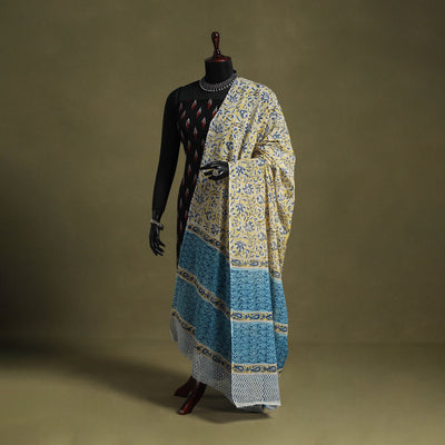 Yellow - hand mul cotton sanganeri dupatta 08 - handcrafted