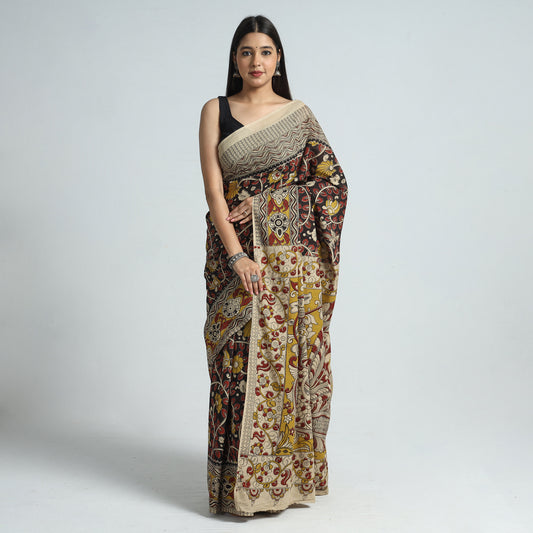 Multicolor - Kalamkari Printed Cotton Saree with Blouse Piece 22