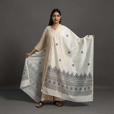 Grey - Handloom Chanderi Silk Handpainted Madhubani Dupatta 33