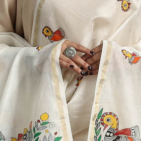 White - handloom chanderi silk handpainted madhubani