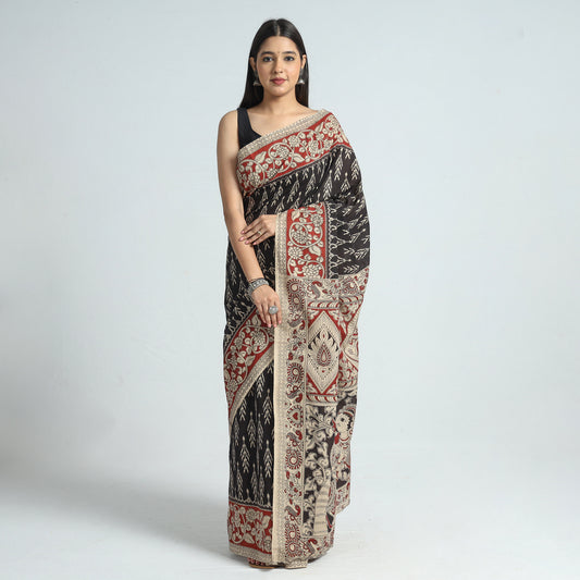 Black - Kalamkari Printed Cotton Saree with Blouse Piece 23