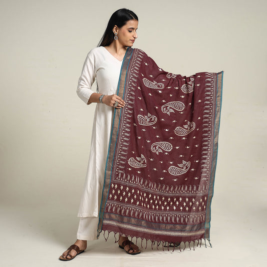 Maroon - Bengal Kantha Embroidered Cotton Handloom Dupatta