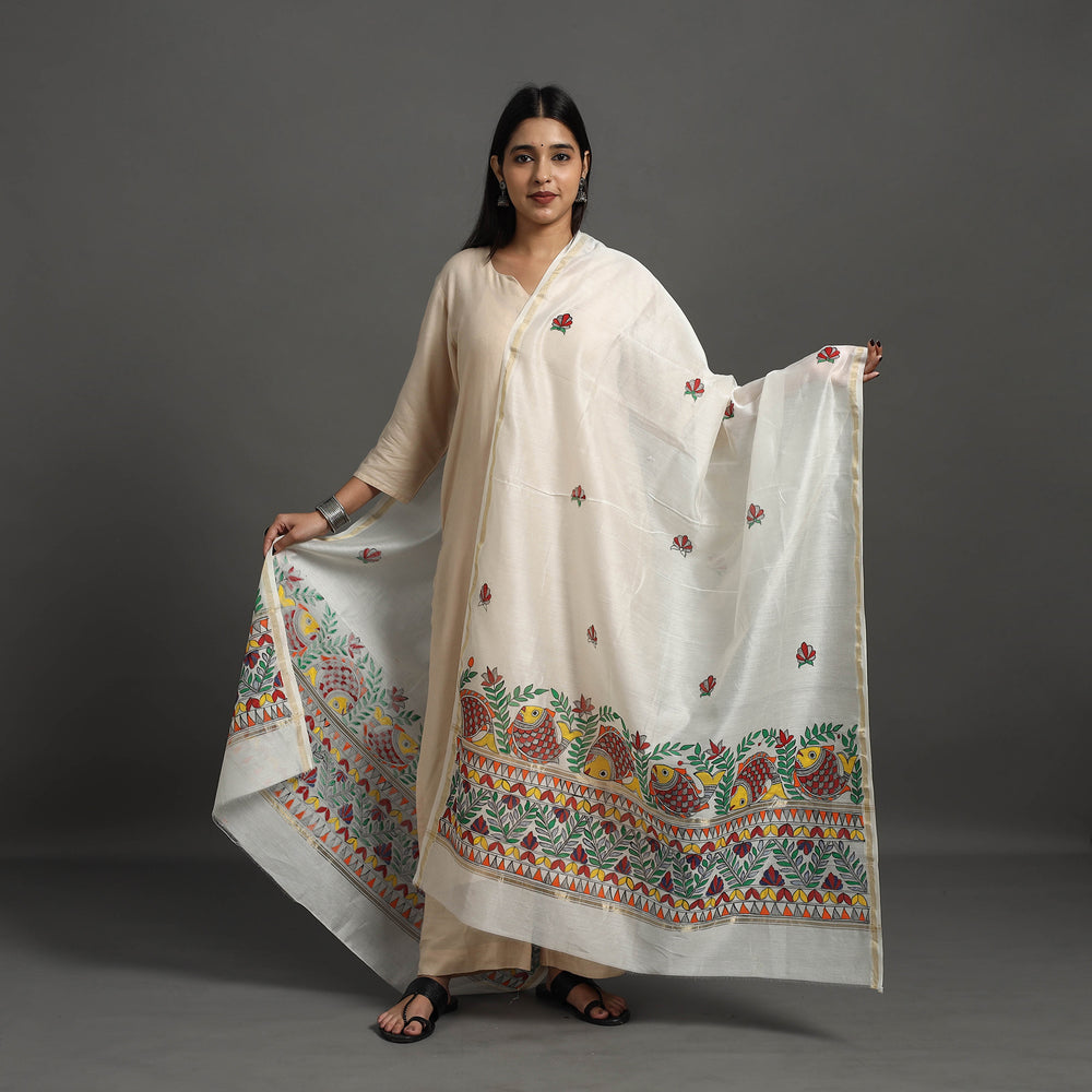 White - Handloom Chanderi Silk Handpainted Madhubani Dupatta 37