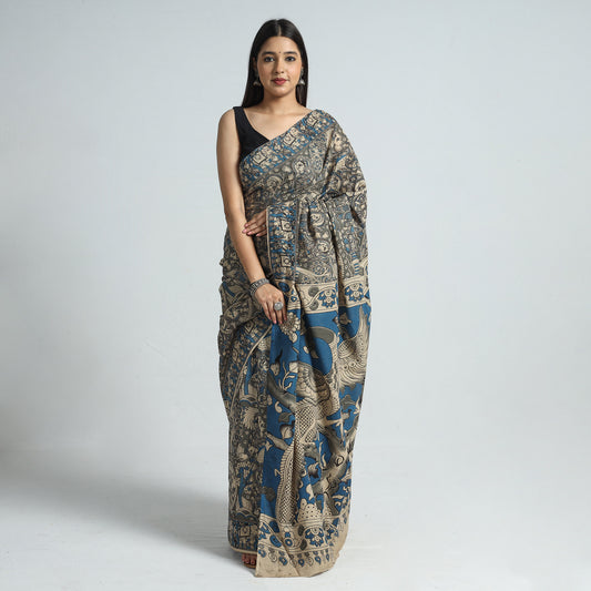Grey - Kalamkari Printed Cotton Saree with Blouse Piece 24