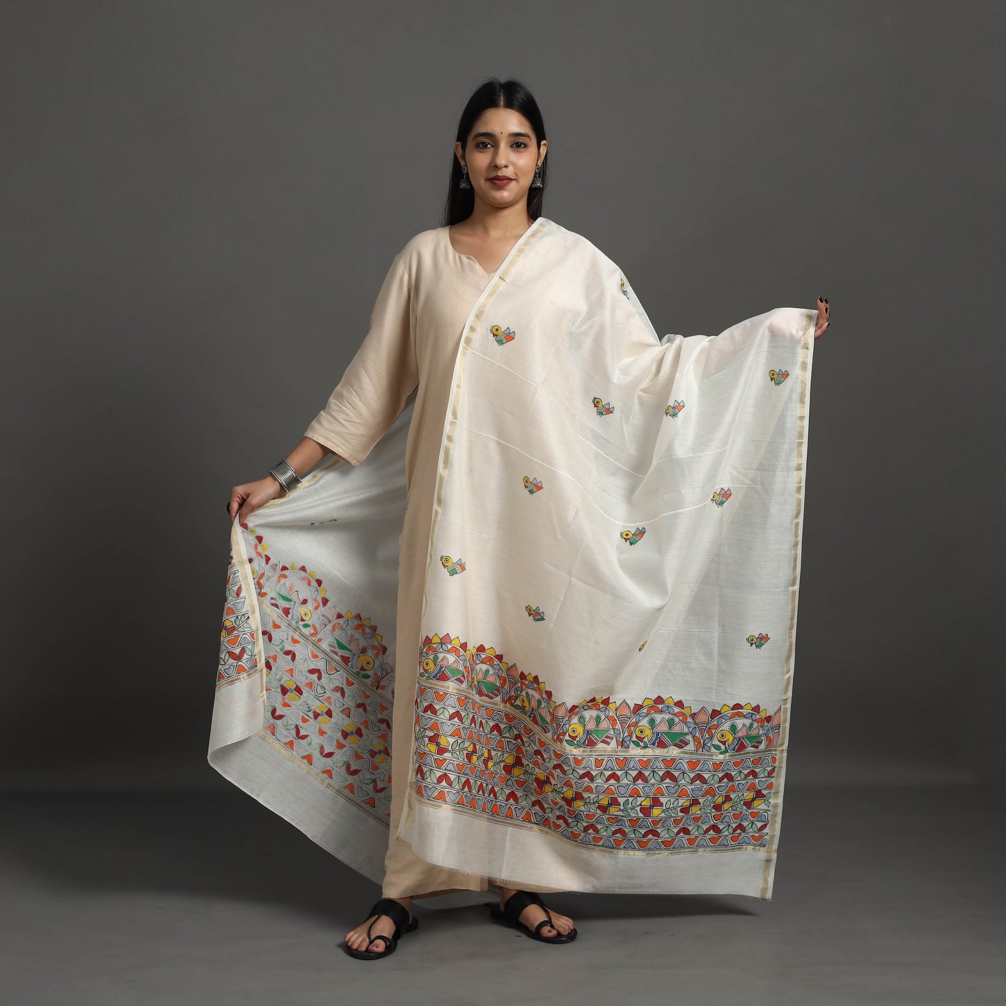 White - Handloom Chanderi Silk Handpainted Madhubani Dupatta 38