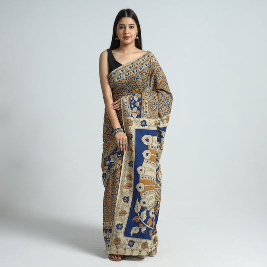 Brown - Kalamkari Printed Cotton Saree with Blouse Piece 25