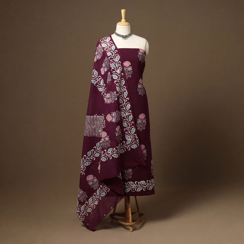 Indonesian Hand Block Batik Print Cotton 3pc Unstitched Suit Material Set 02