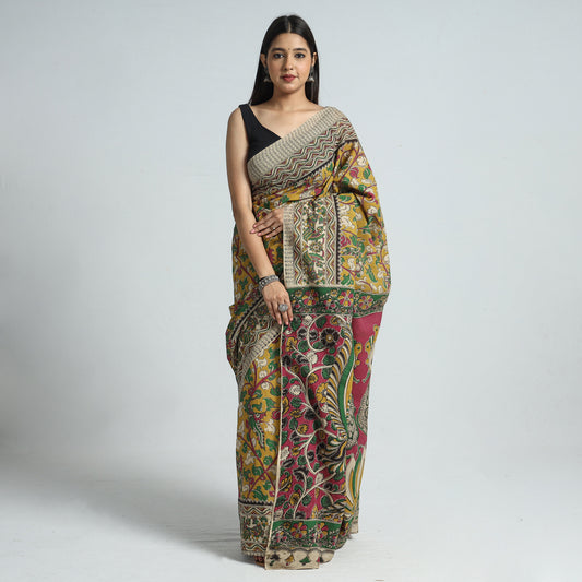 Yellow - Kalamkari Printed Cotton Saree with Blouse Piece 26