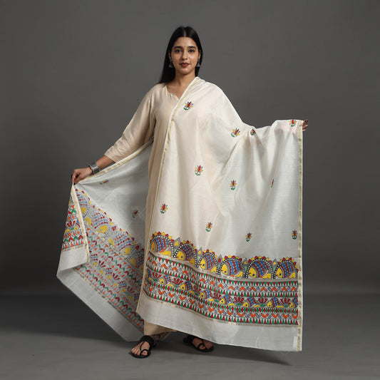 White - Handloom Chanderi Silk Handpainted Madhubani Dupatta 44